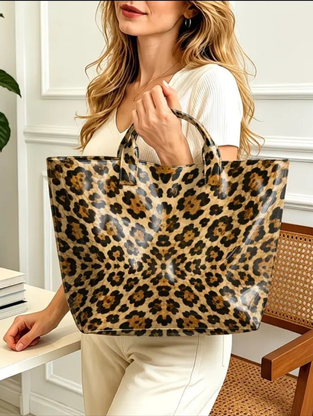 Women Beautiful Daily Commute Brown Tote Bag Lropard PVC Large Print